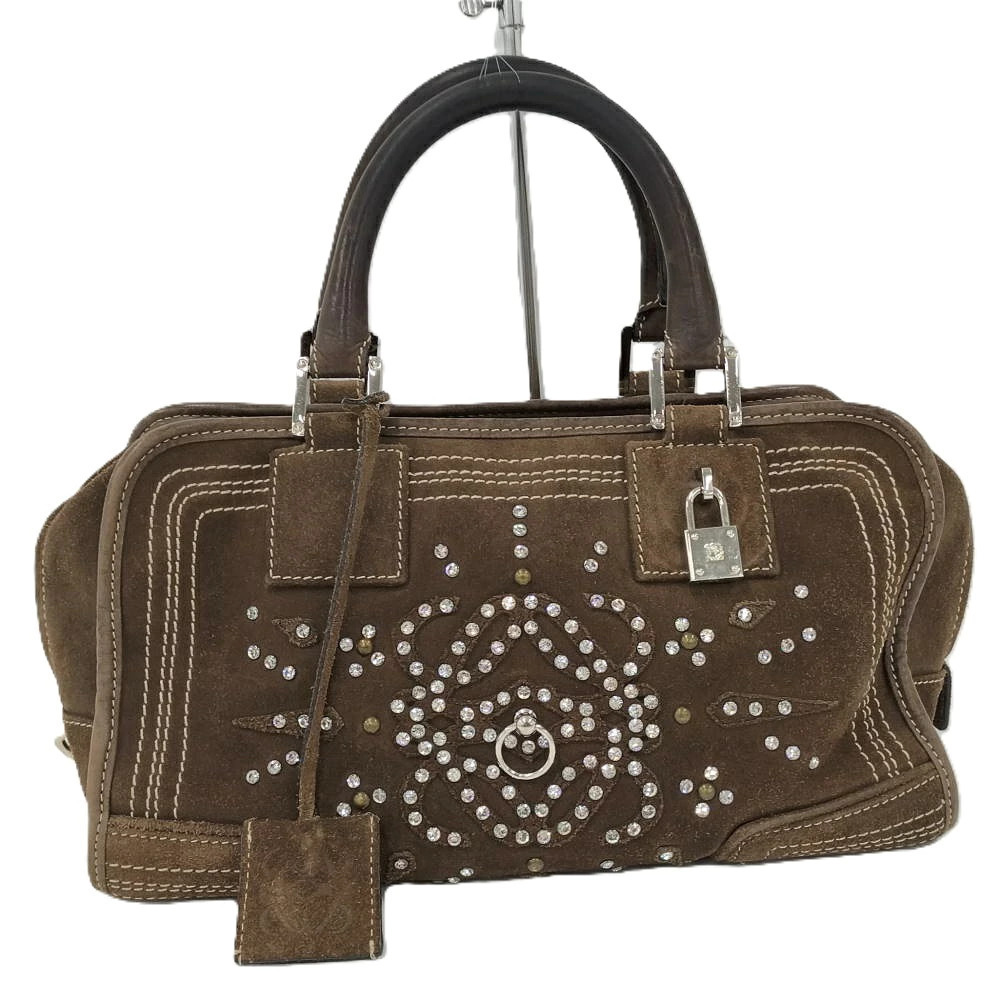 Loewe Amazona Handbag Rhinestone Studs Suede Brown